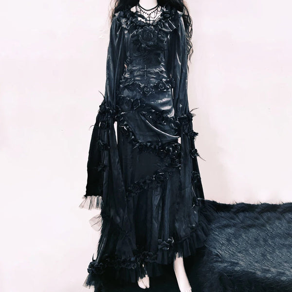 Long sleeve ruffle flower applique maxi maxi dress