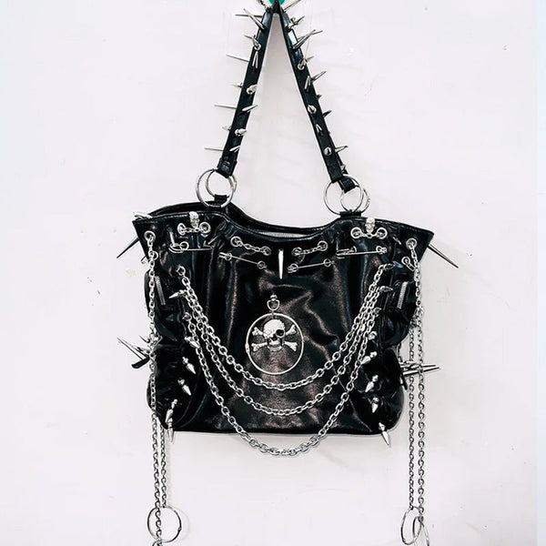 Metal chain o ring rivet applique PU leather handbag