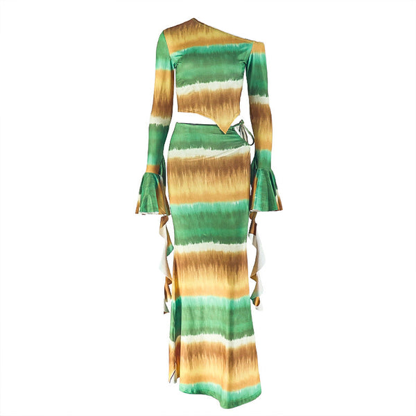 One shoulder long flared sleeve self tie print contrast maxi dress