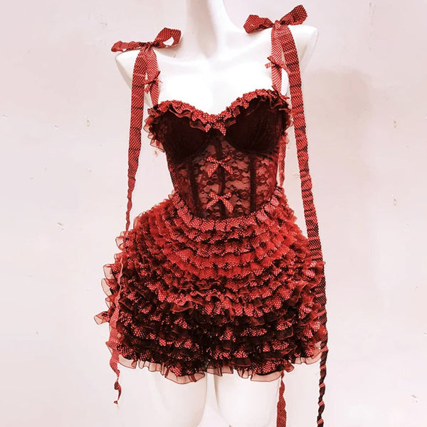 Bowknot ruffle polka dot v neck cami mini skirt set