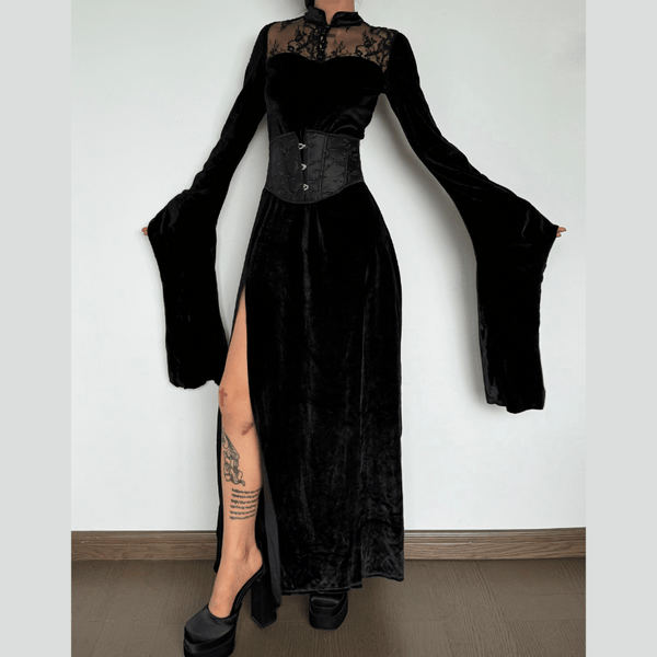 Velvet lace patchwork button solid high neck long flared sleeve slit midi dress