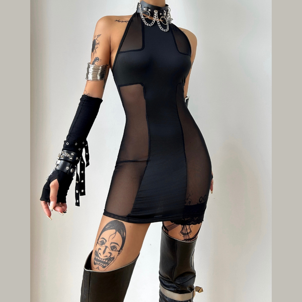Halter mesh backless black mini dress