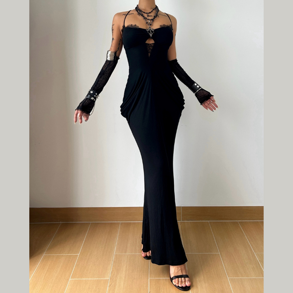 Cross back lace hem v neck ruched maxi dress