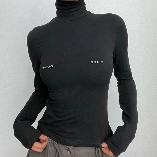 Metal applique turtle neck long sleeve solid top y2k 90s Revival Techno Fashion