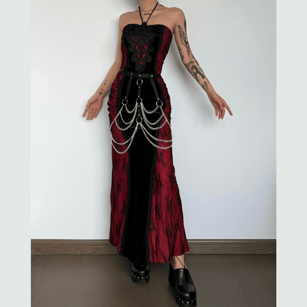 Halter embroidery ruched contrast maxi dress