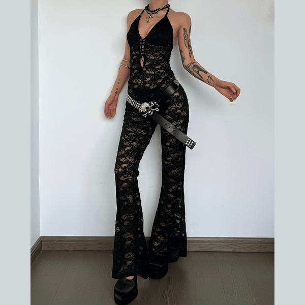 Halter lace lace up see through jumpsuit