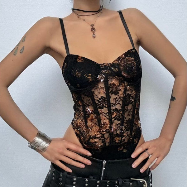 Lace flower print corset cami bodysuit