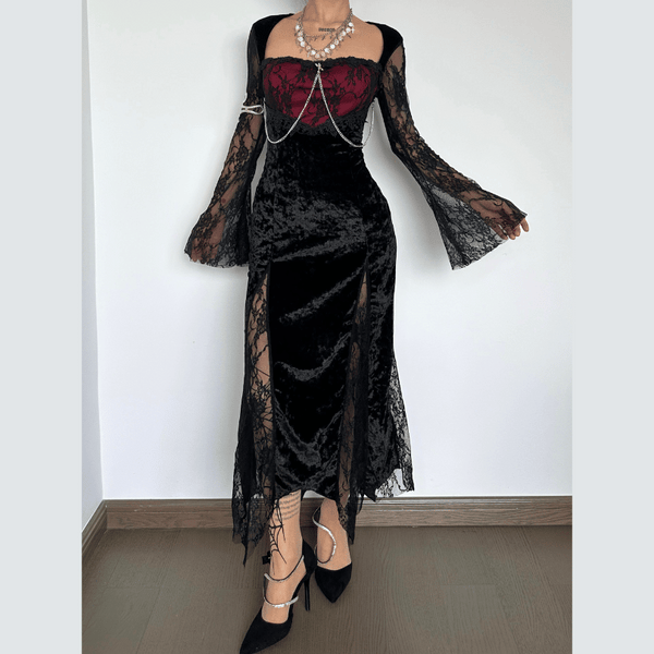 Lace contrast long flared sleeve metal chain zip-up velvet midi dress