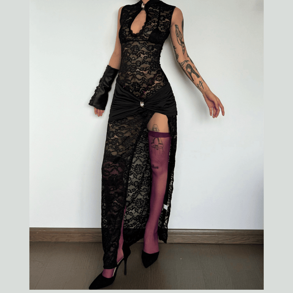 Lace ruched see through hollow out high slit maxi dress