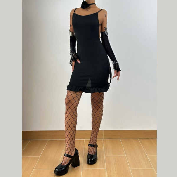 Cowl neck backless ruffle self tie cami mini dress