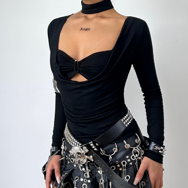 Top camisero de 2 piezas con gargantilla fruncida y manga larga con cuello vuelto 