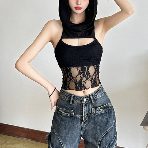 Hoodie lace hollow out off shoulder 2-way top