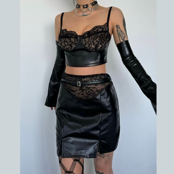 Lace hem gloves PU leather v neck cami mini skirt set