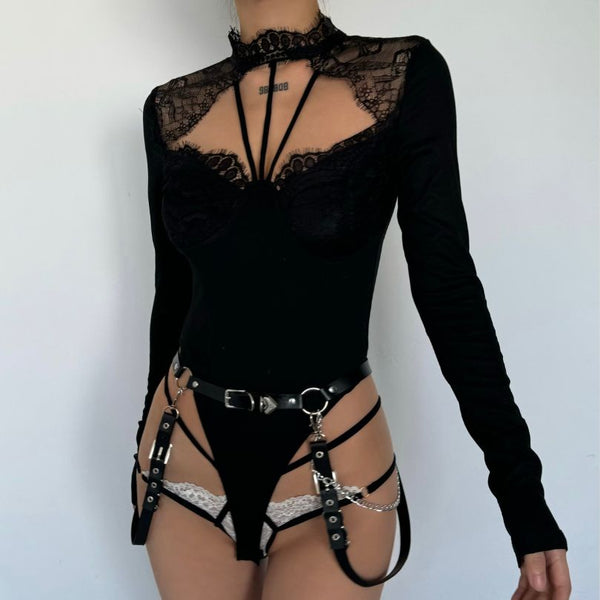 Long sleeve lace hem hollow out bodysuit