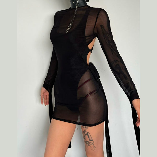 Long sleeve mesh cross back button mini dress