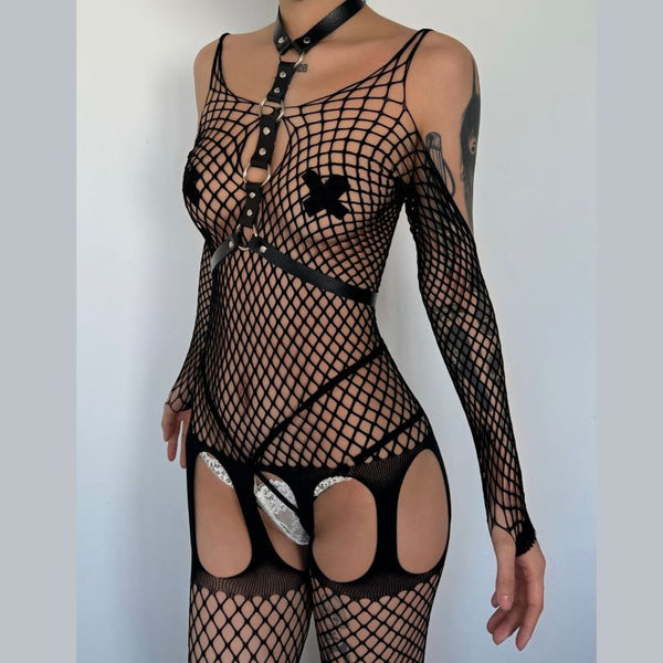 Fishnet hollow out off shoulder open crotch bodystocking