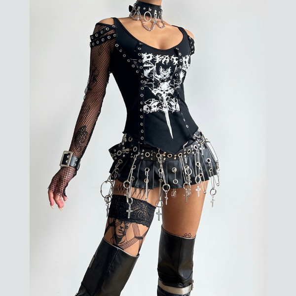 Off shoulder fishnet abstract top