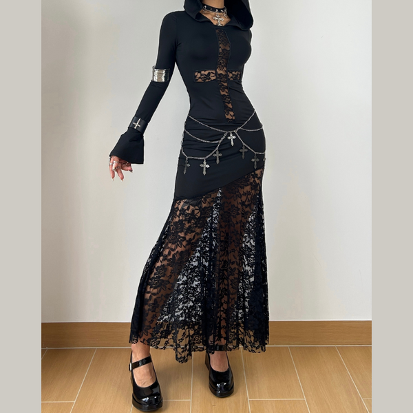 Long sleeve hoodie lace hem cross pattern maxi dress