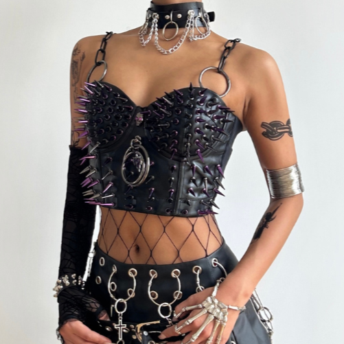 Metal chain o ring rivet applique slit v neck top