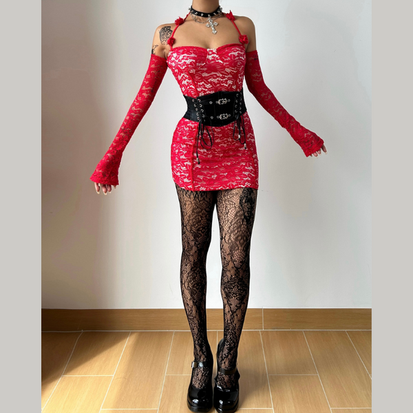 Halter long sleeve off shoulder lace mini dress