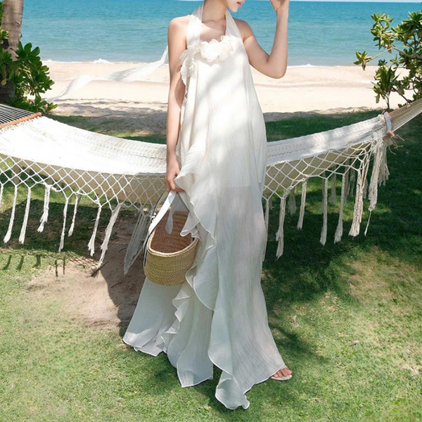 Halter flower applique textured irregular maxi dress