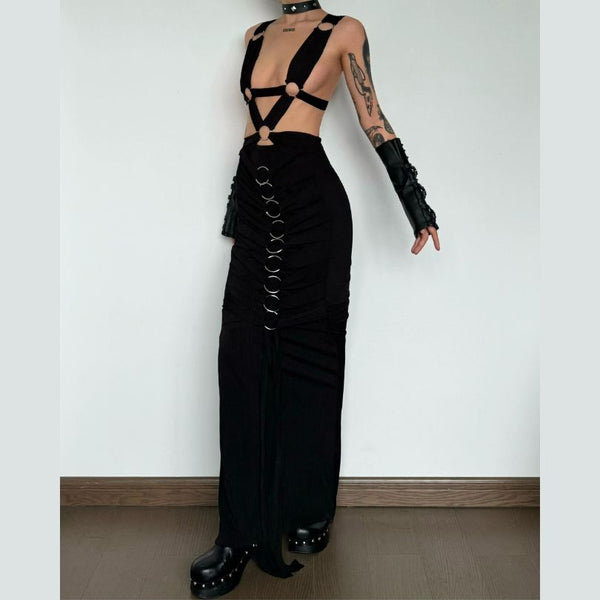 O ring textured hollow out self tie ruched tank maxi dress