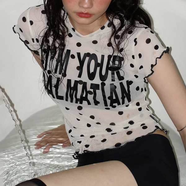 Polka dot crewneck ruffle letter pattern top