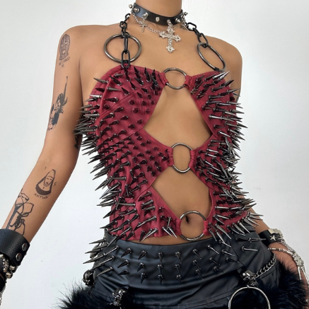 Hollow out o ring rivet applique halter top