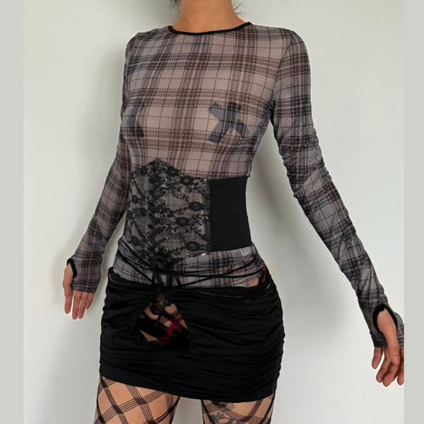 Long sleeve plaid crewneck mesh top