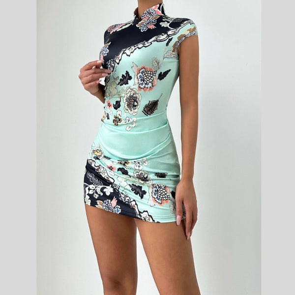 Flower print cap sleeve contrast mini dress