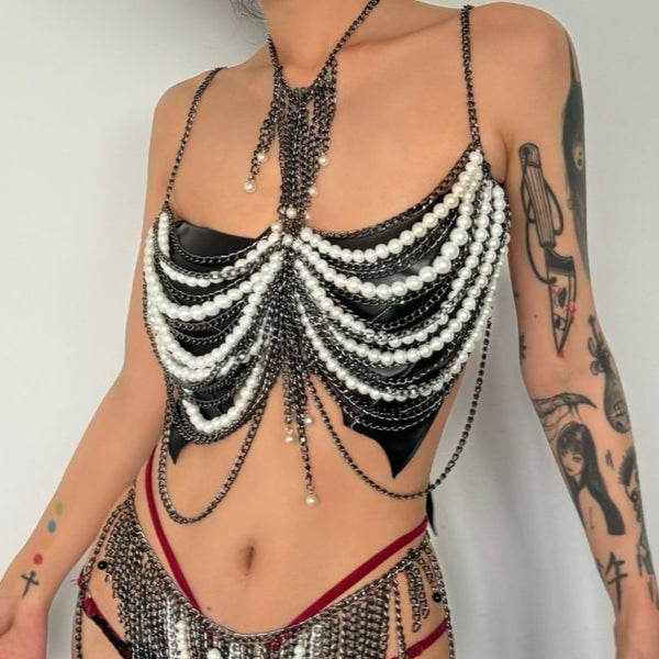 Halter layered beaded metal chain waist chain set