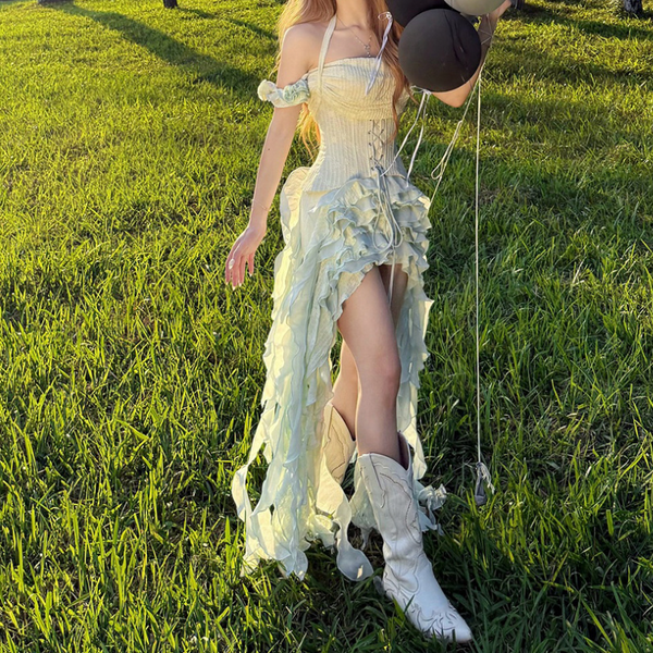 Halter ruffle irregular solid mini dress