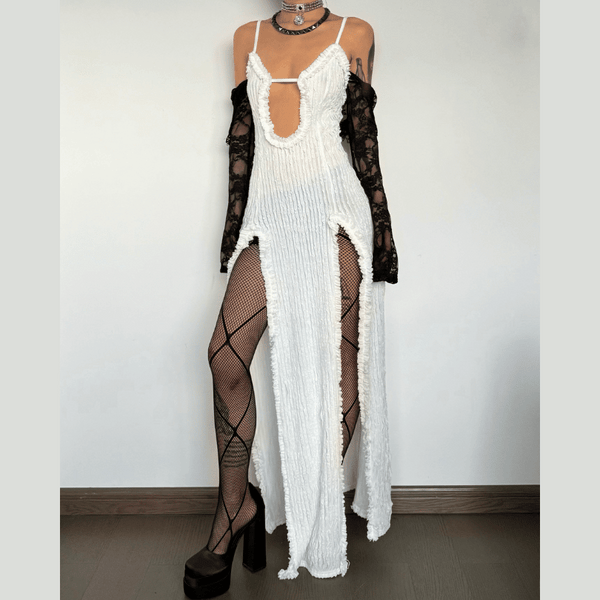 Hollow out textured high slit cami maxi dress