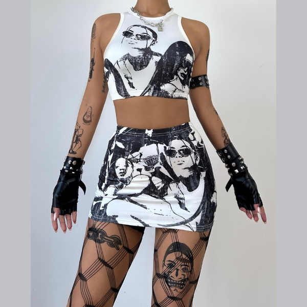 Sleeveless abstract print crewneck mini skirt set