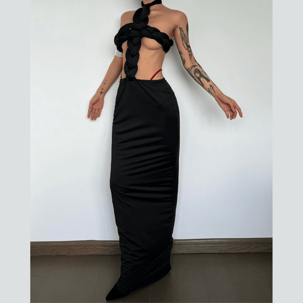 Self tie halter hollow out backless solid maxi dress