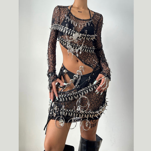 Long sleeve metal chain hollow out skull applique 3 piece dress