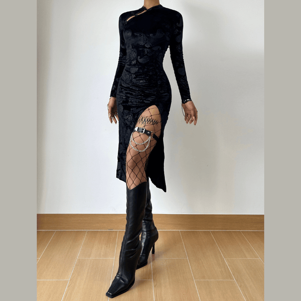 Long sleeve slit ruched irregular print midi dress