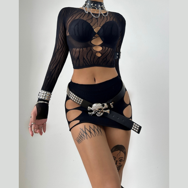Long sleeve zebra sheer mesh mini skirt set
