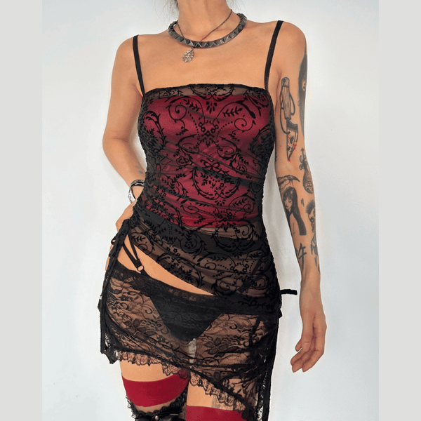 Lace drawstring ruched patchwork cami top