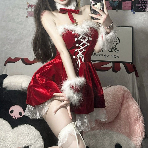 Fluffy lace up velvet backless tube mini dress