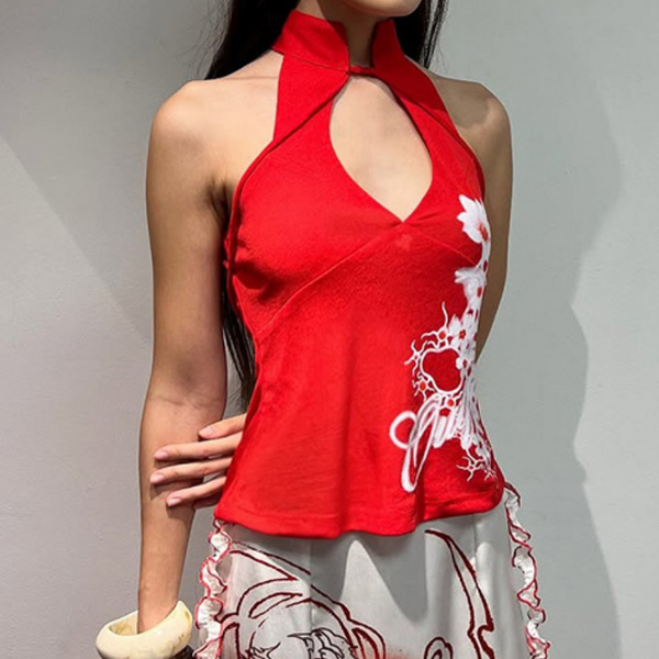 Hollow out print high neck contrast top