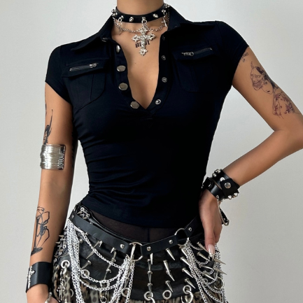 Turnover collar short sleeve button top