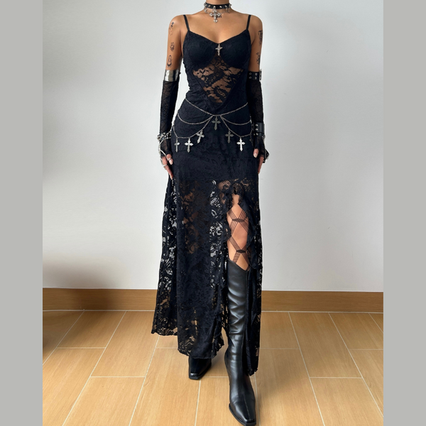 Lace slit lace up v neck cami maxi dress