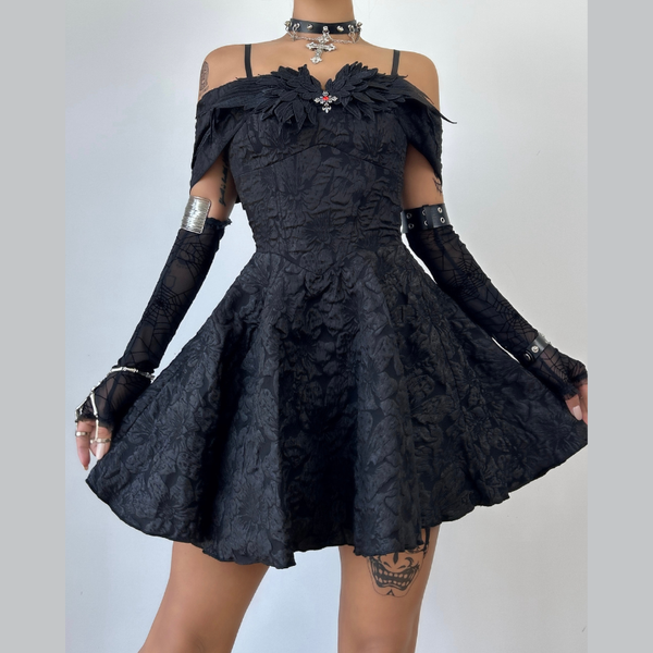 Off shoulder cross applique zip-up mini dress