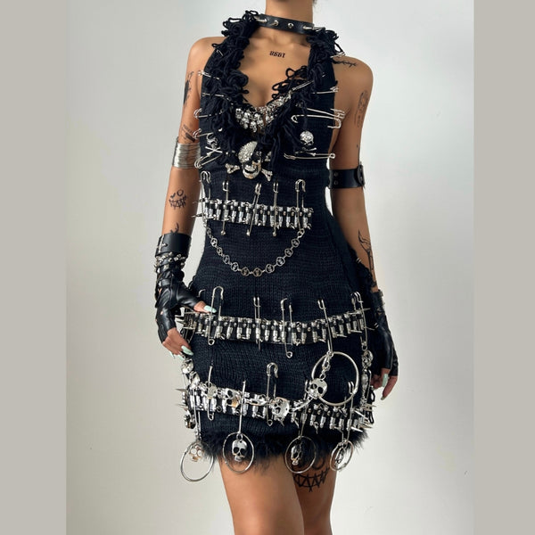 Halter fluffy skull applique backless mini dress