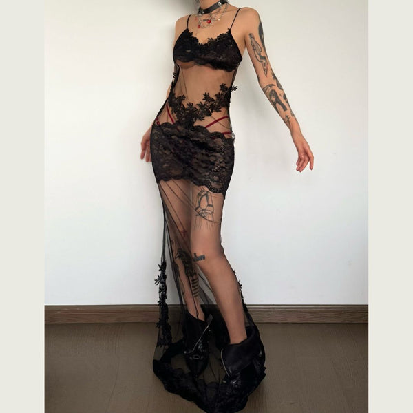 Lace hem v neck see through mesh cami maxi dress