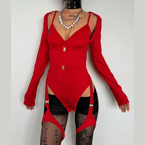 Long sleeve v neck hollow out buckle solid bodysuit y2k 90s Revival Techno Fashion
