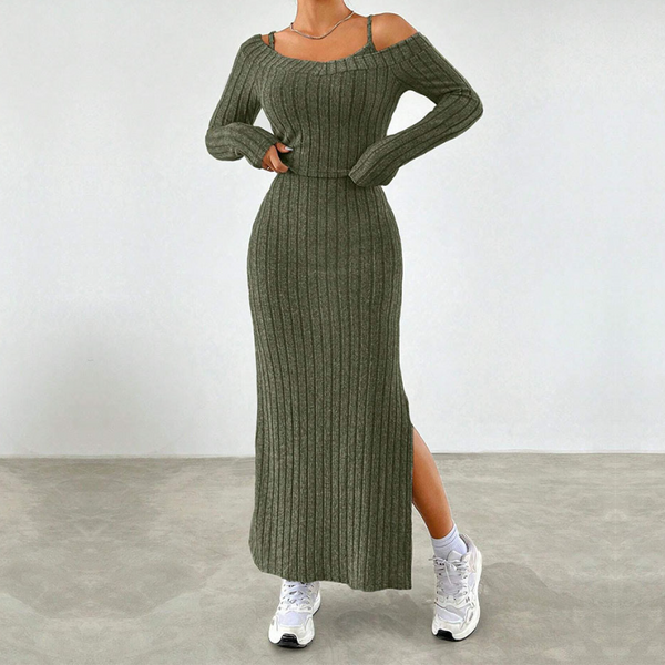 Long sleeve slit cami 2 piece maxi dress