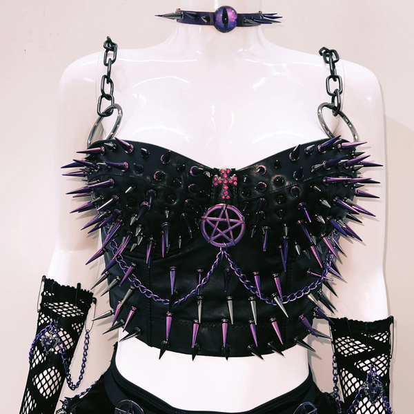 O ring metal chain rivet applique PU leather top