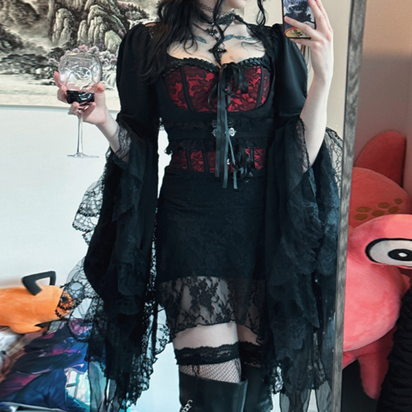 Long flared sleeve lace hem shrug top